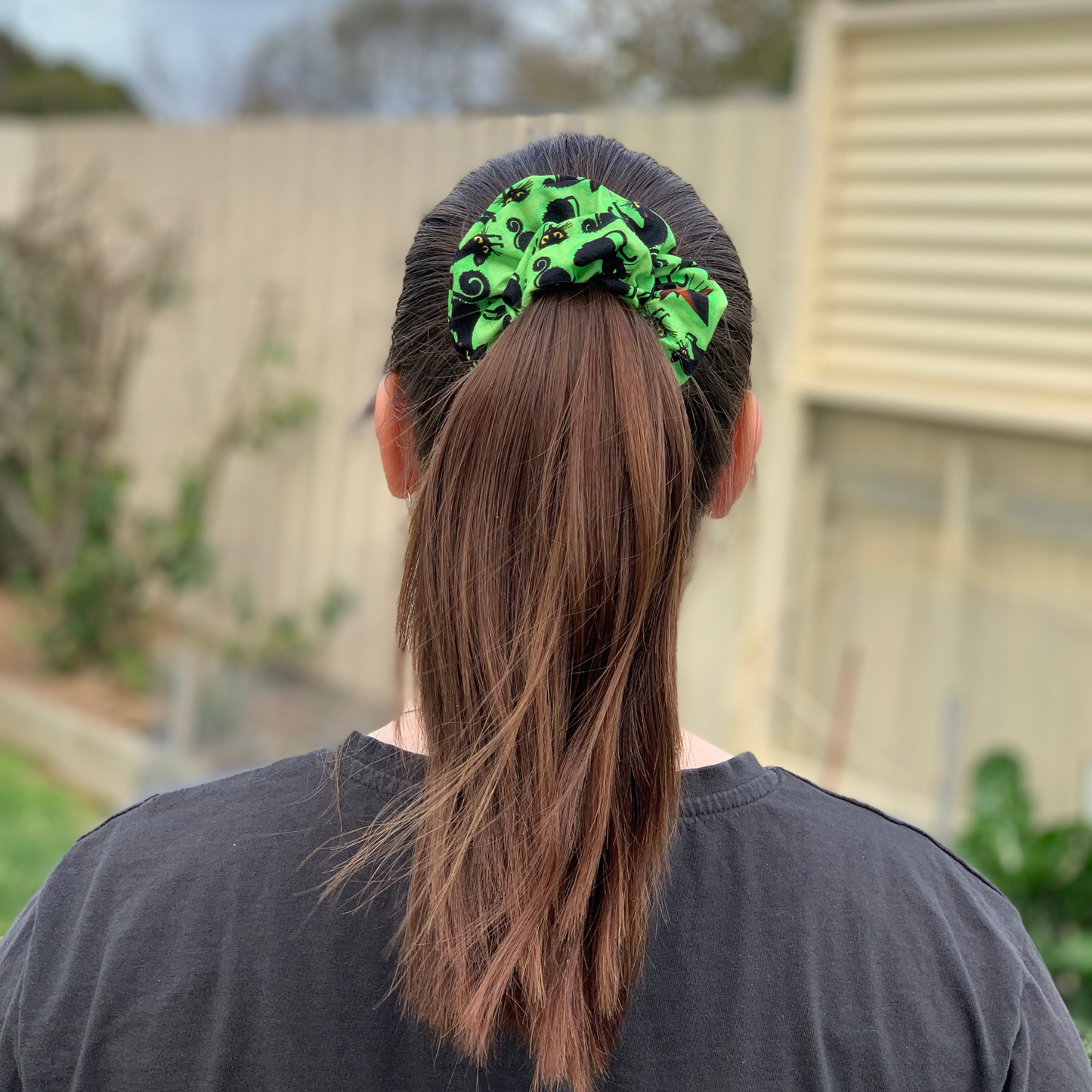 Black Cats on Bright Green Scrunchie