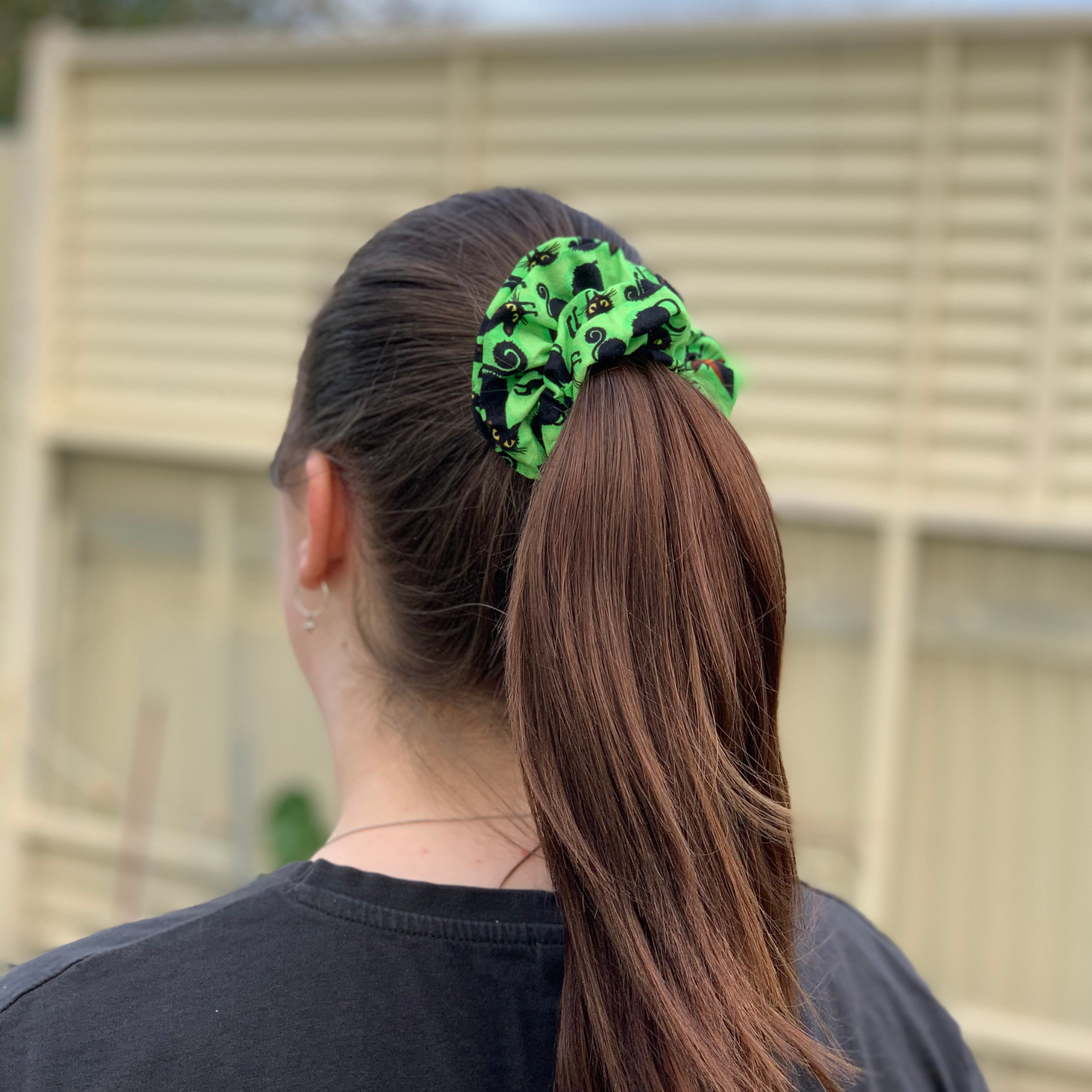 Black Cats on Bright Green Scrunchie