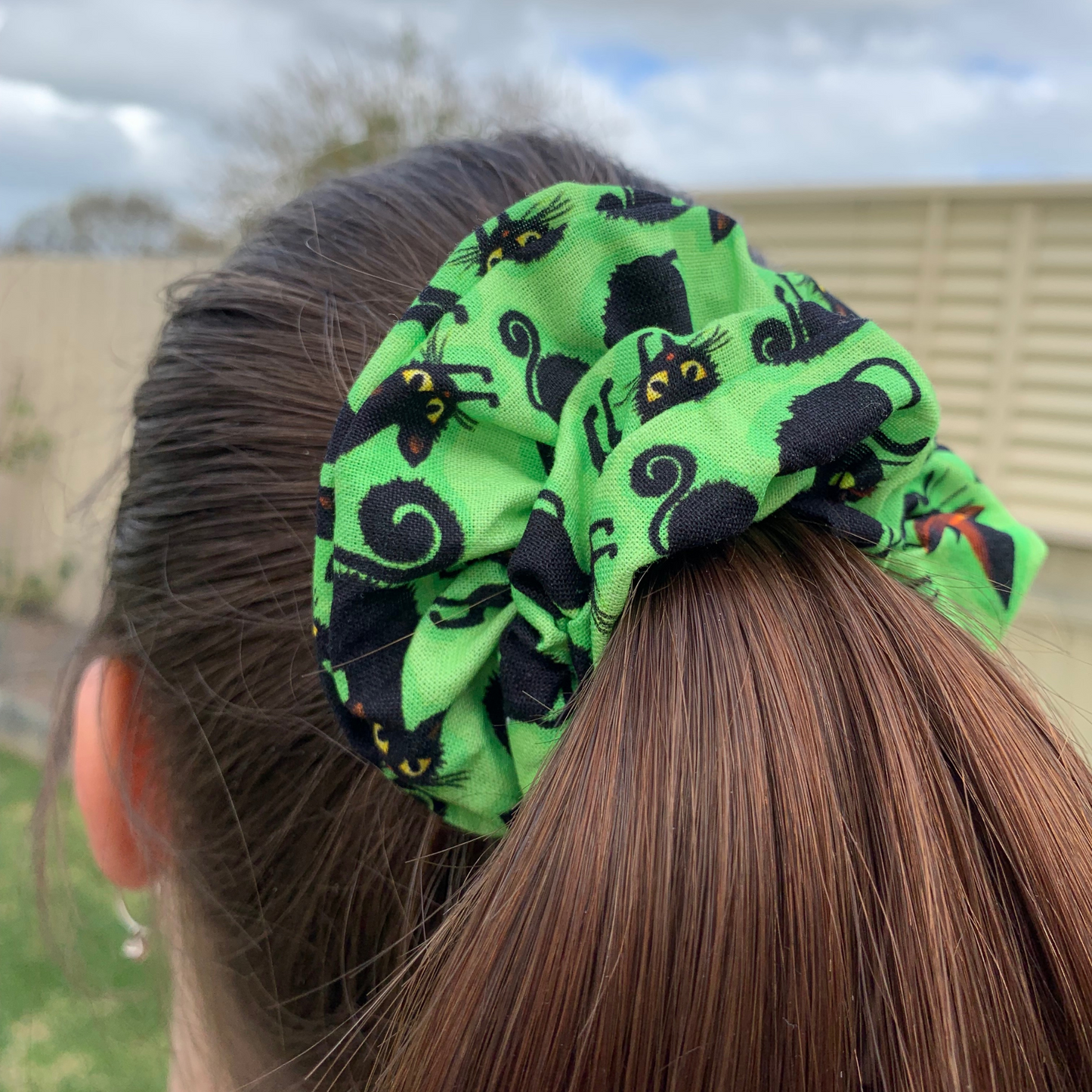 Black Cats on Bright Green Scrunchie