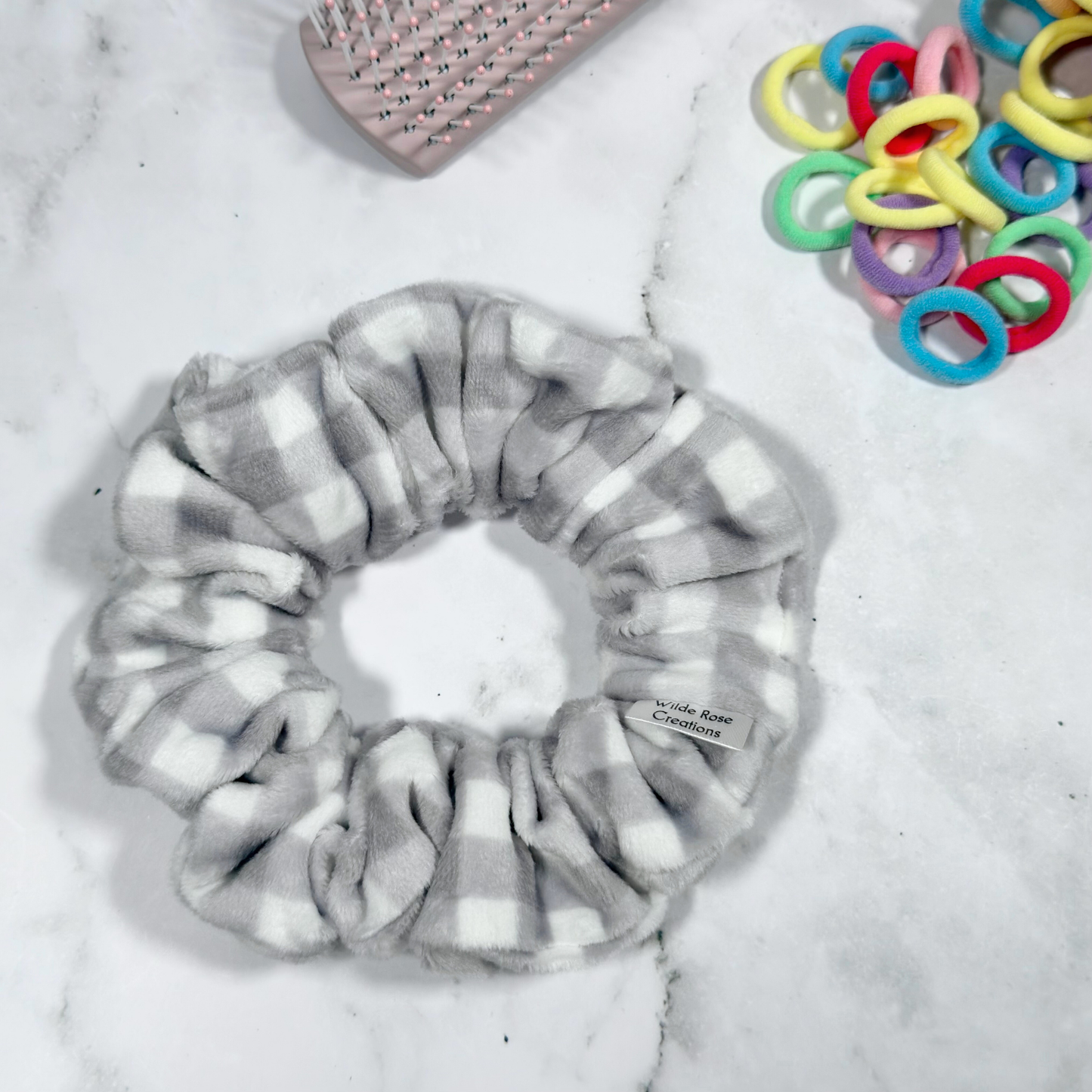 Grey Minky Gingham Regular Scrunchie