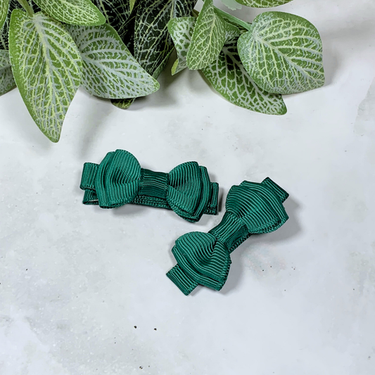 Hunter Green Mini Layered Bow Hair Clips - set of 2