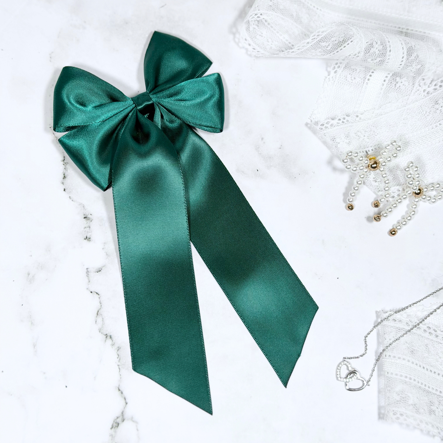 Hunter Green Satin Bow with Tails Hair Clip
