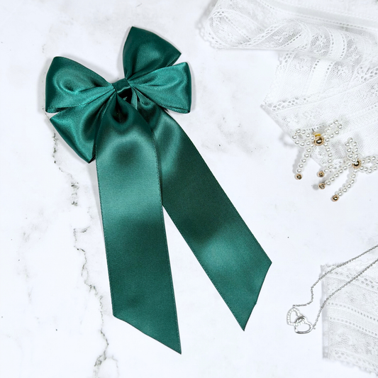 Hunter Green Satin Bow with Tails Hair Clip