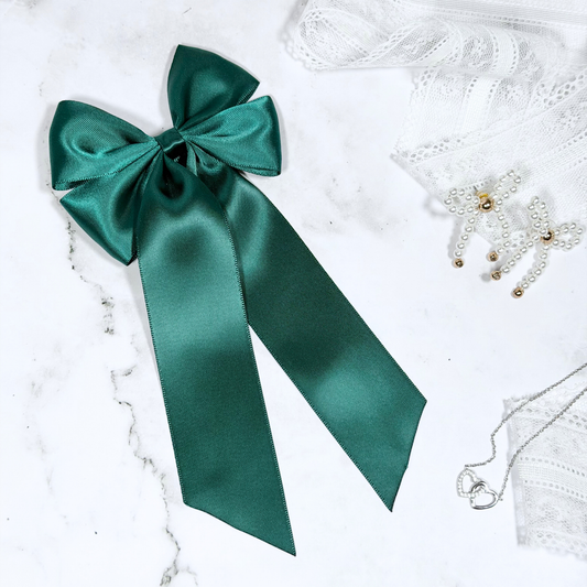 Hunter Green Satin Bow with Tails Hair Clip