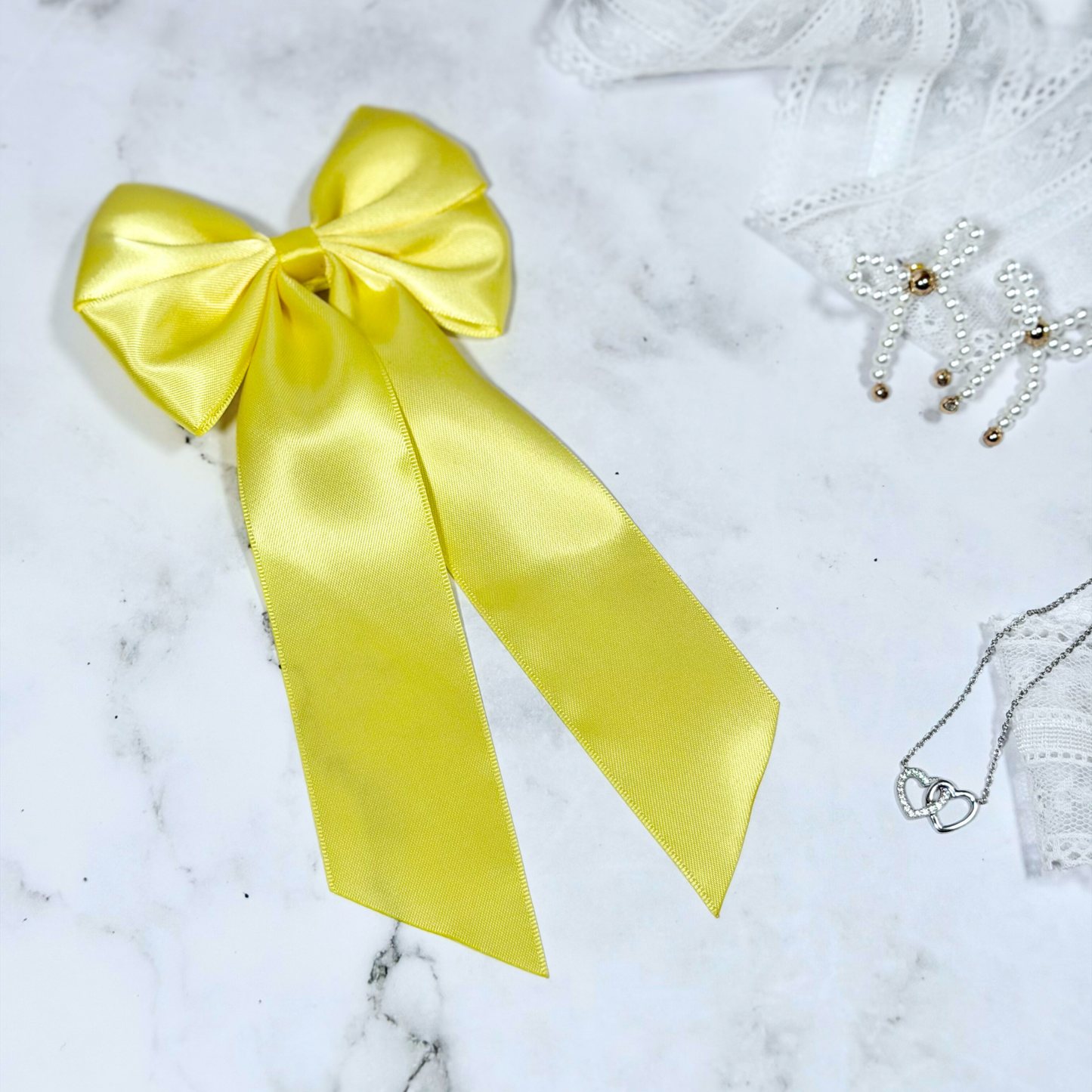 Lemon Satin Bow with Tails Hair Clip
