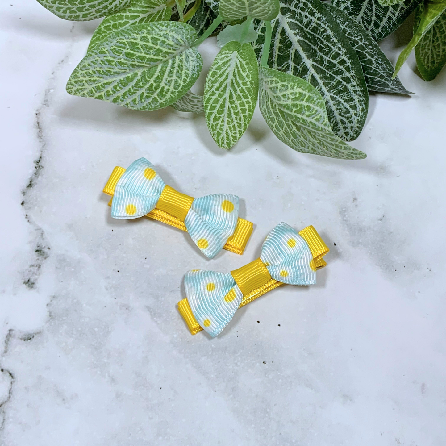 Light Blue Daisy Mini Bow Hair Clips - set of 2