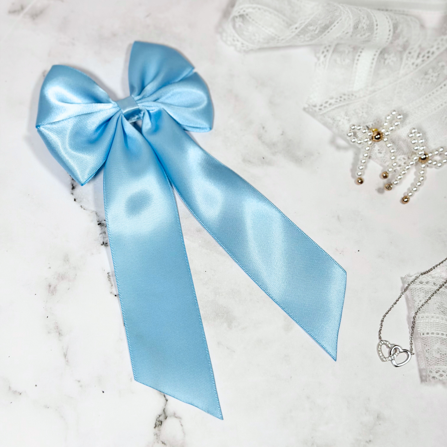 Light Blue Satin Bow with Tails Hair Clip