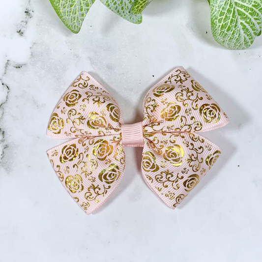 Light Pink with Gold Foil Roses Medium Bow Hair Clip