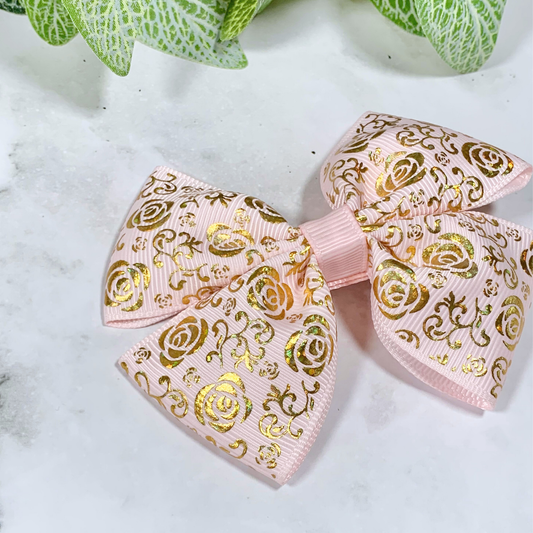 Light Pink with Gold Foil Roses Medium Bow Hair Clip