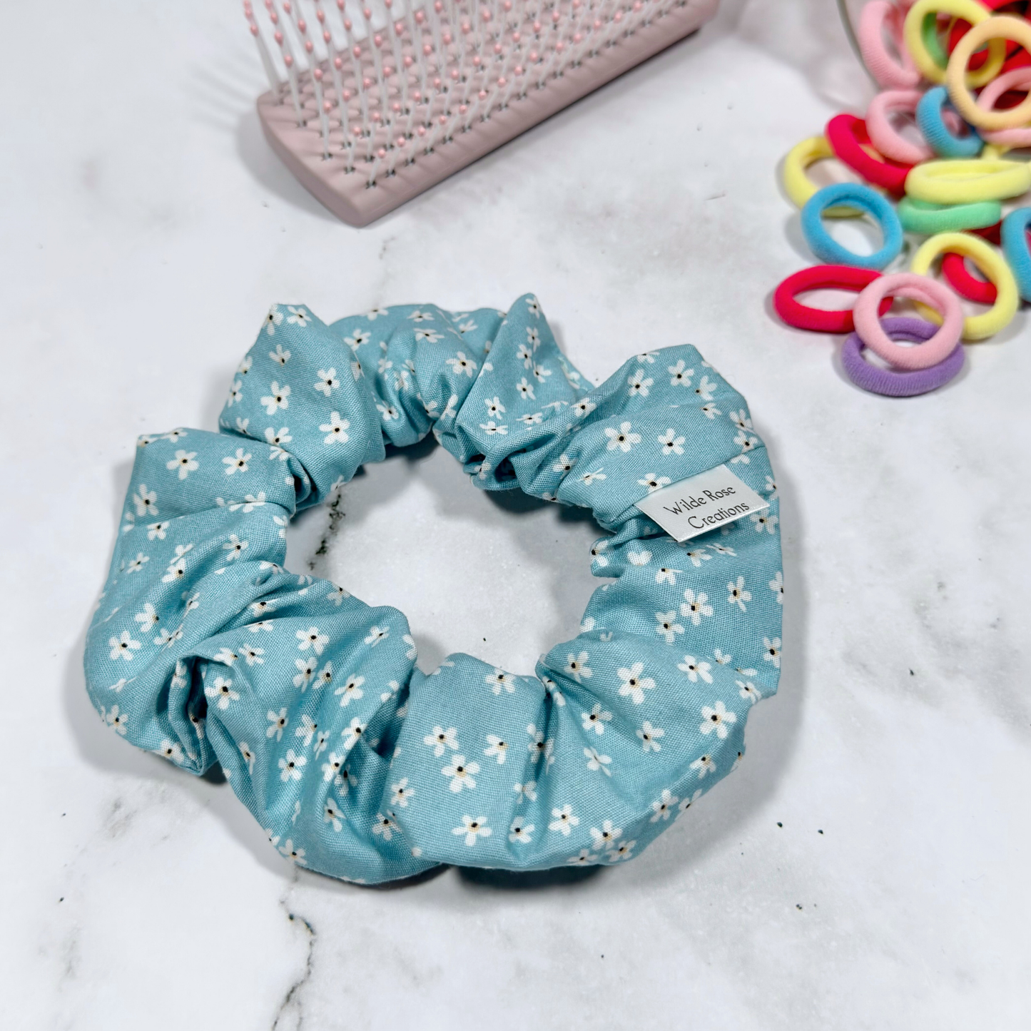 Light Teal Floral Regular Scrunchie