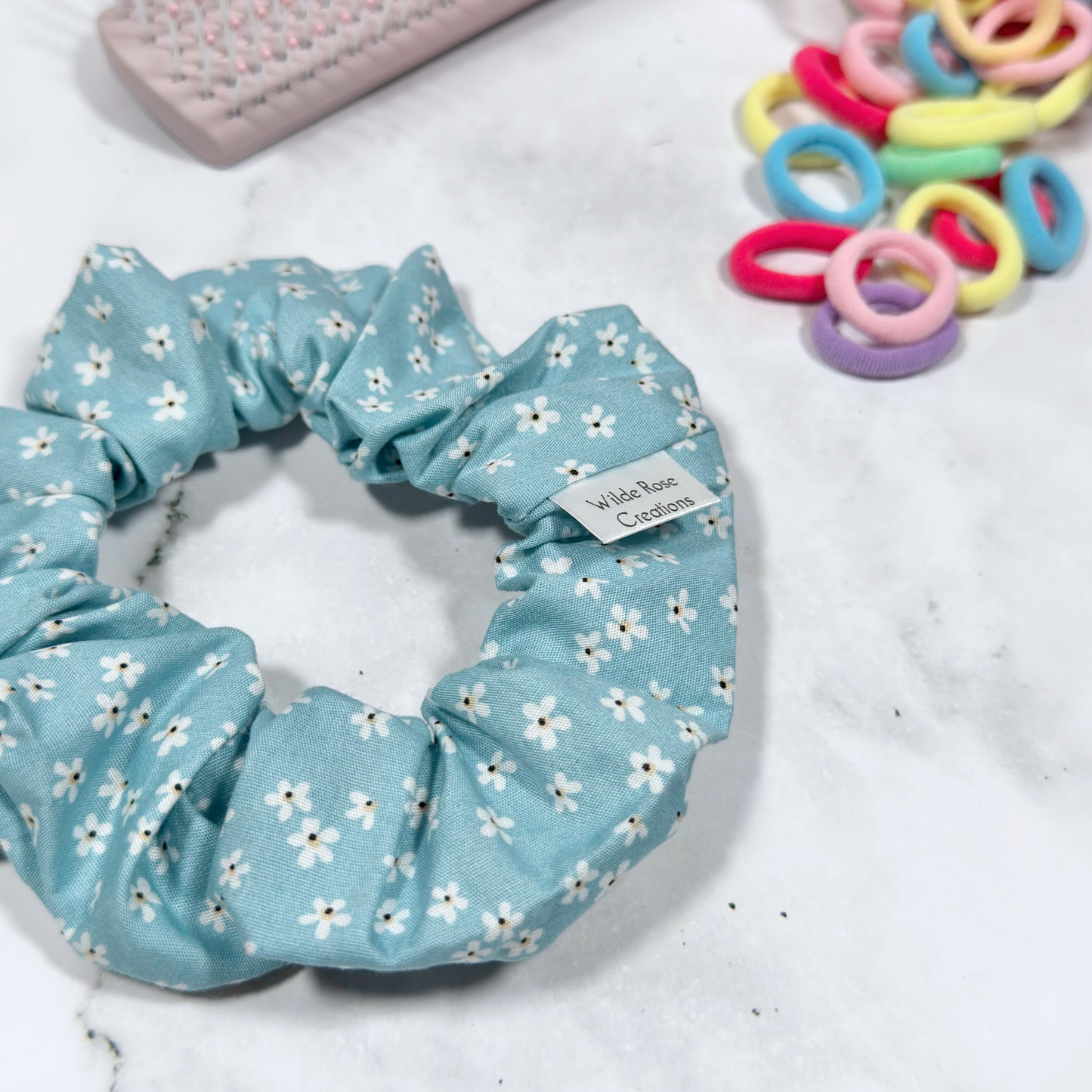 Light Teal Floral Regular Scrunchie
