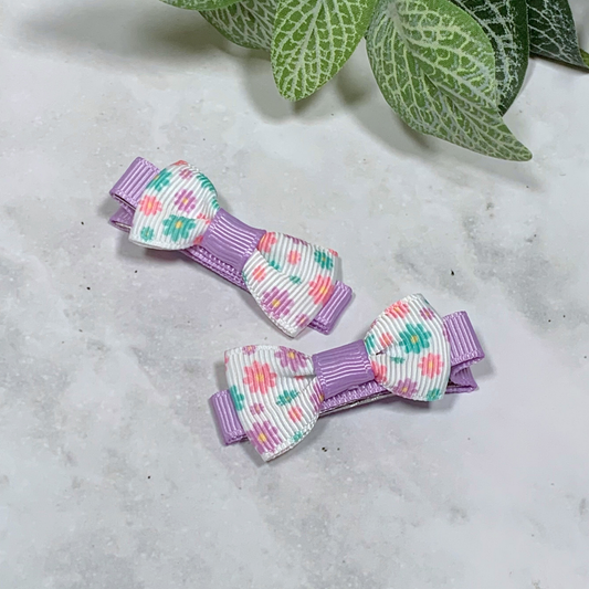 Lilac Floral Mini Bow Hair Clips - set of 2