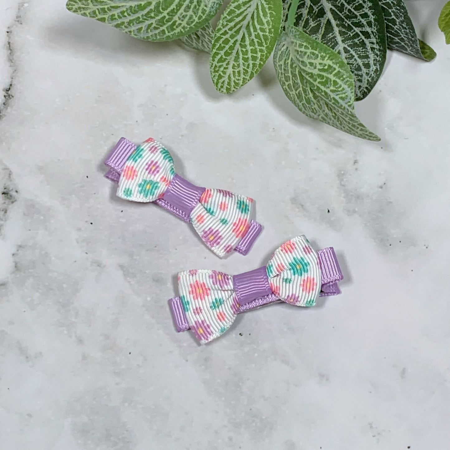 Lilac Floral Mini Bow Hair Clips - set of 2