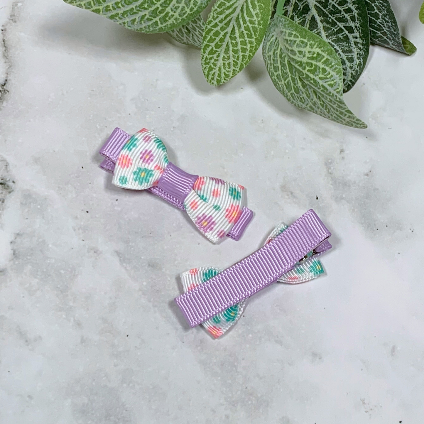 Lilac Floral Mini Bow Hair Clips - set of 2