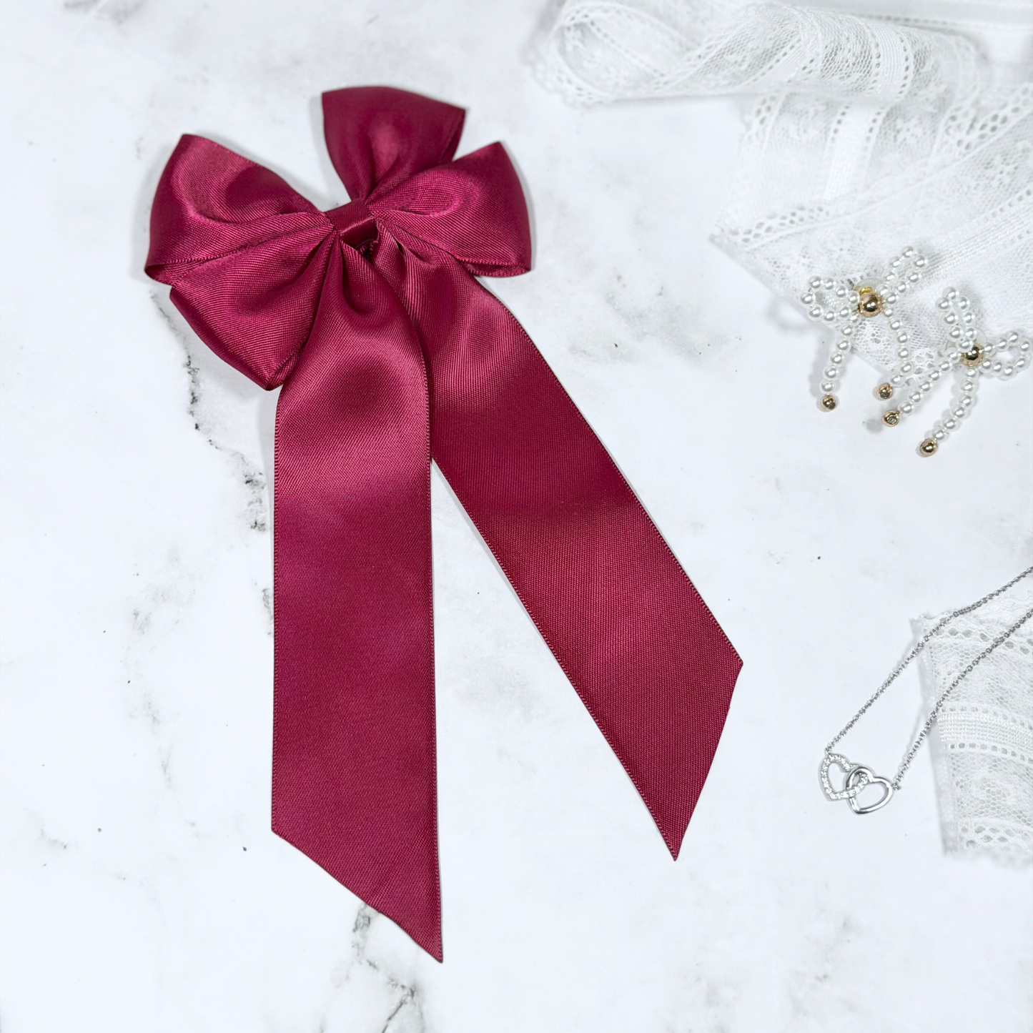 Maroon Satin Bow with Tails Hair Clip