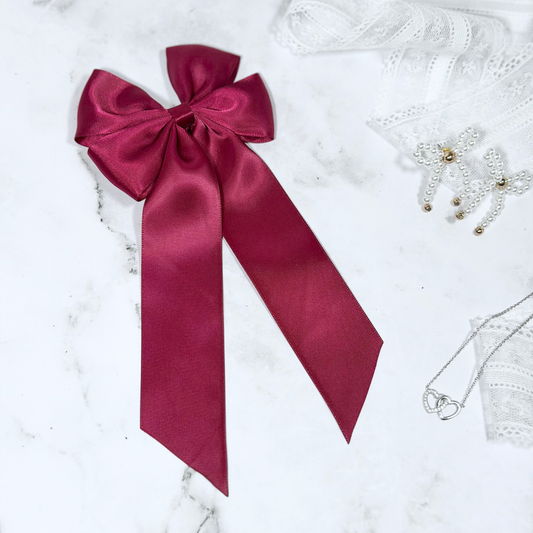 Maroon Satin Bow with Tails Hair Clip