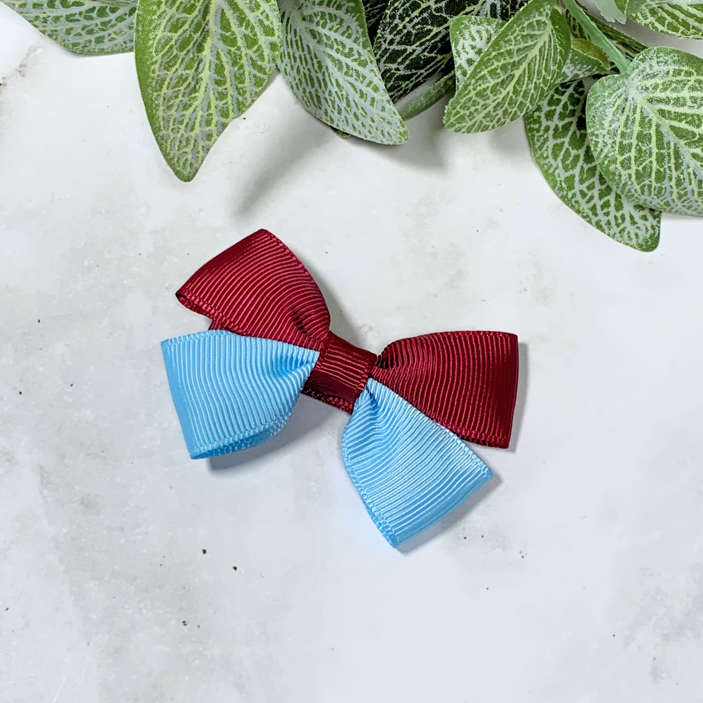 Maroon & Light Blue Small Bow Hair Clip