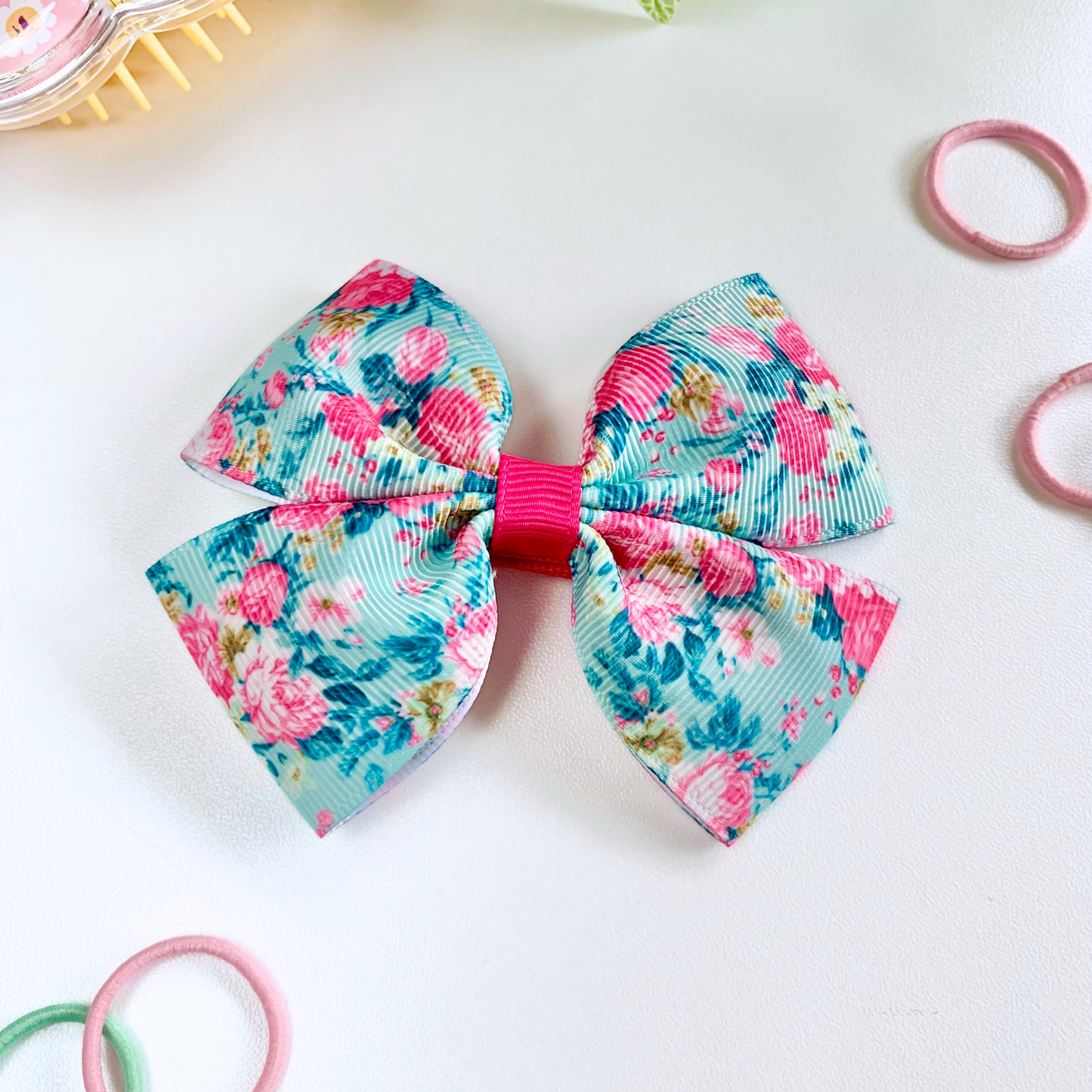 Aqua Floral Medium Double Bow Hair Clip