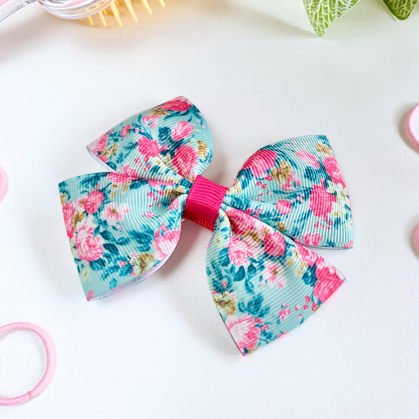 Aqua Floral Medium Double Bow Hair Clip