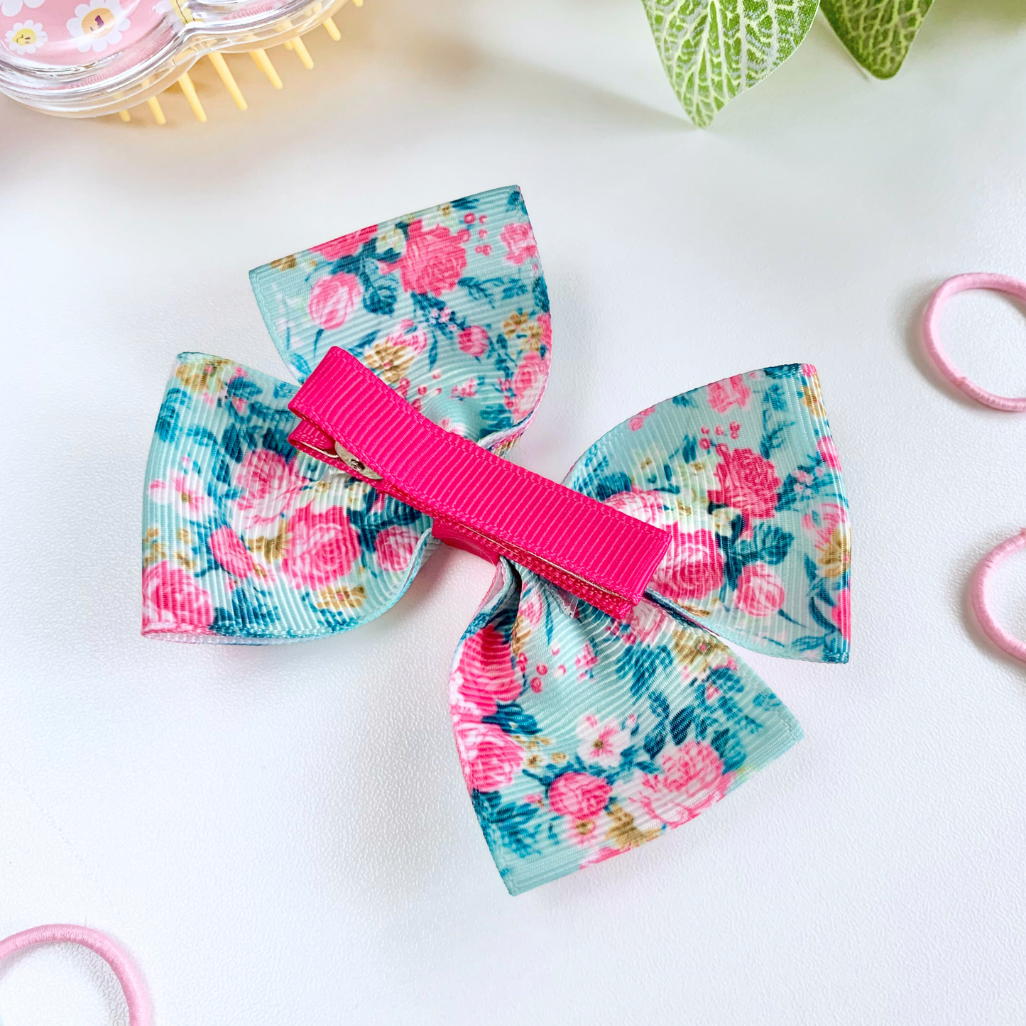 Aqua Floral Medium Double Bow Hair Clip