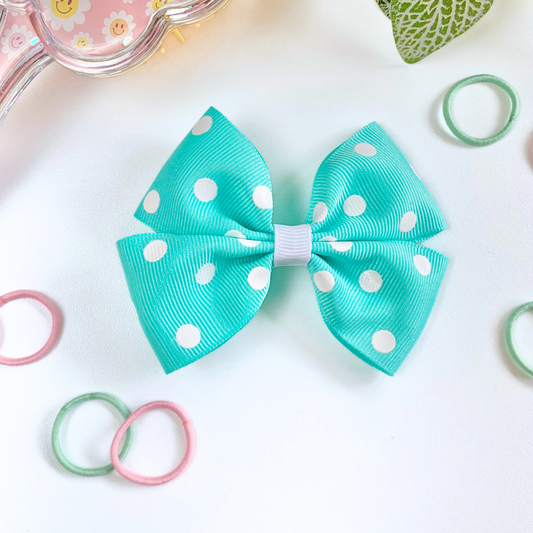 Aqua with White Spots Medium Double Bow Hair Clip