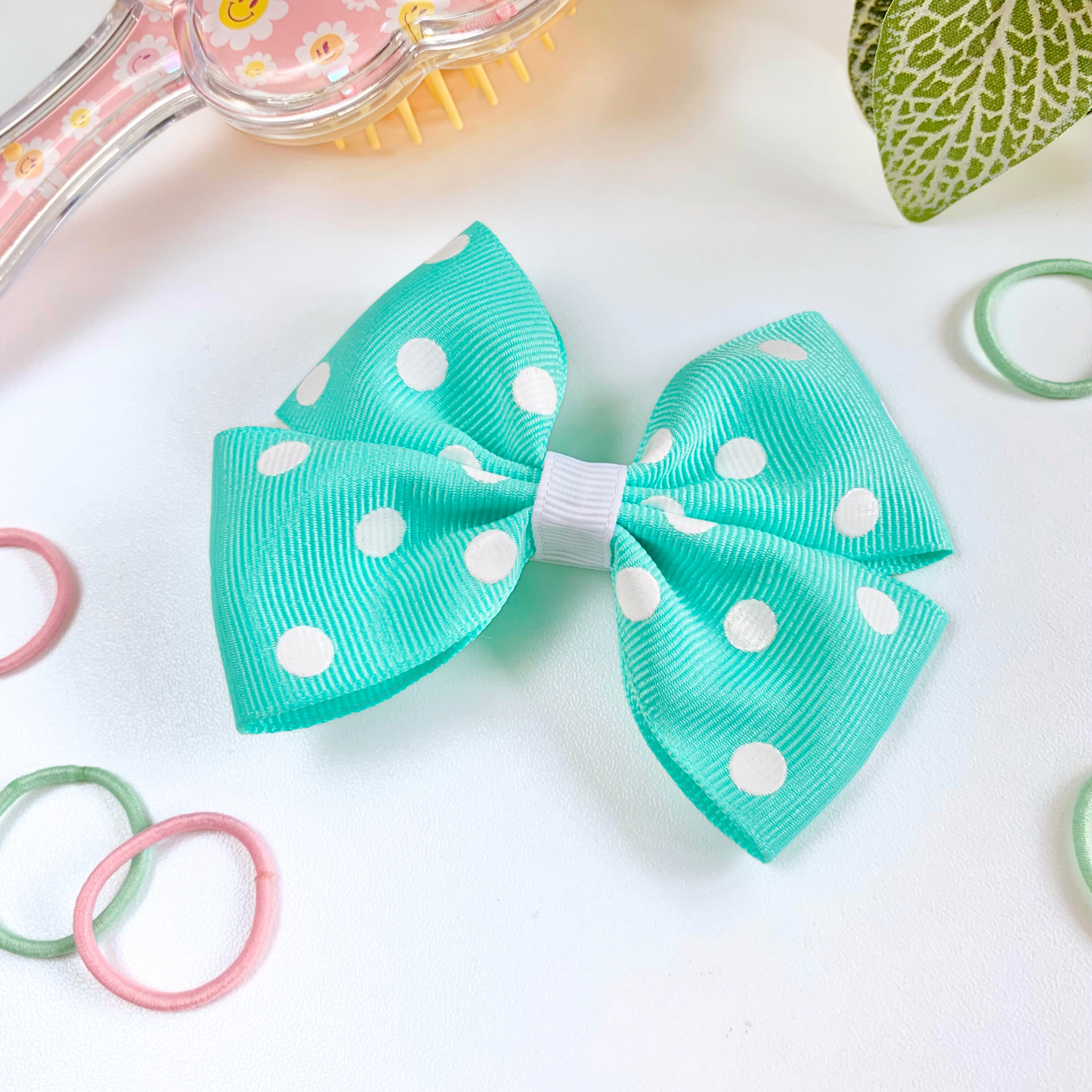 Aqua with White Spots Medium Double Bow Hair Clip