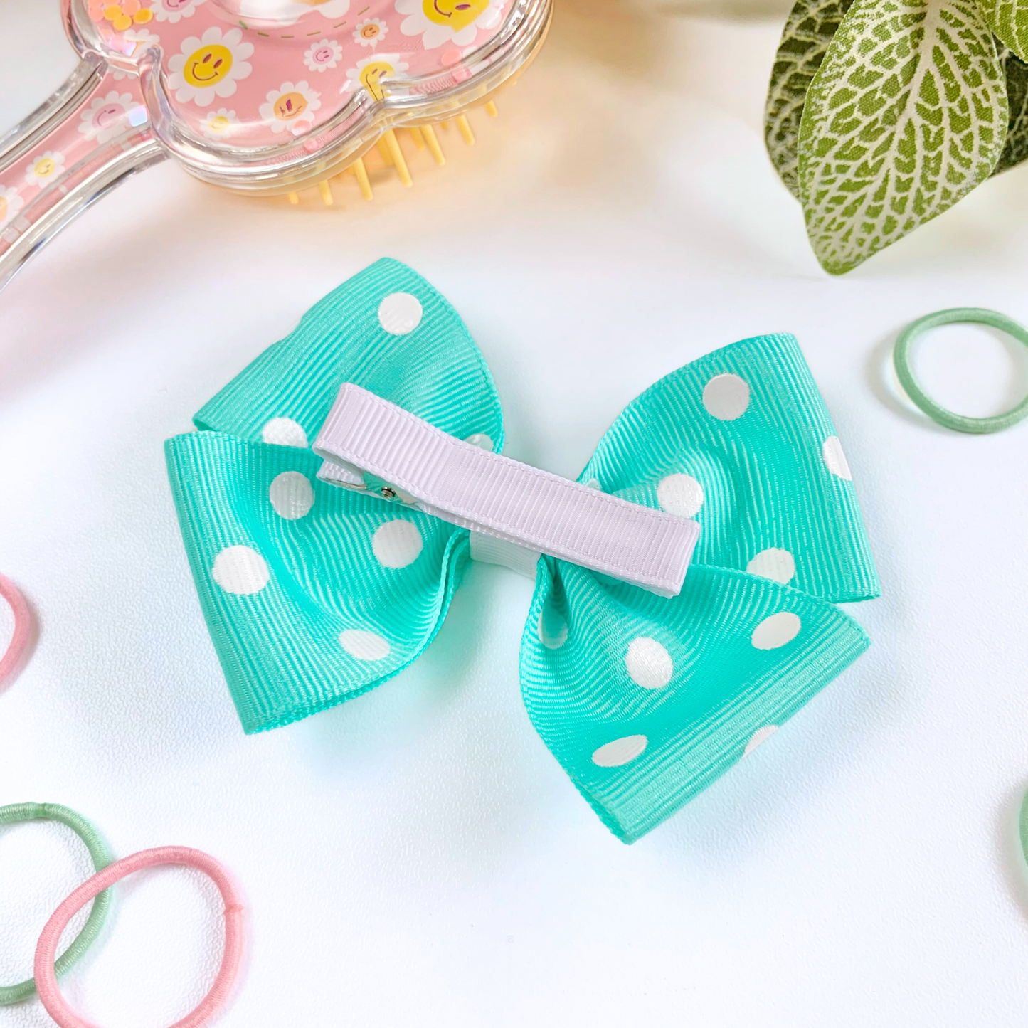 Aqua with White Spots Medium Double Bow Hair Clip