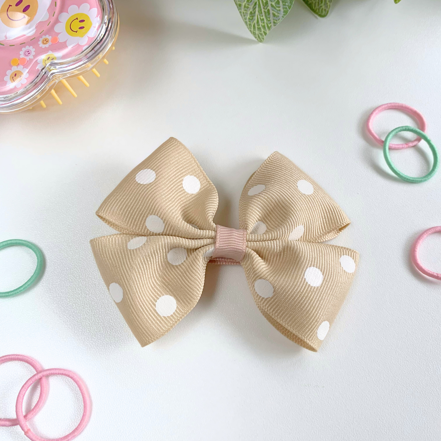 Beige with White Spots Medium Double Bow Hair Clip