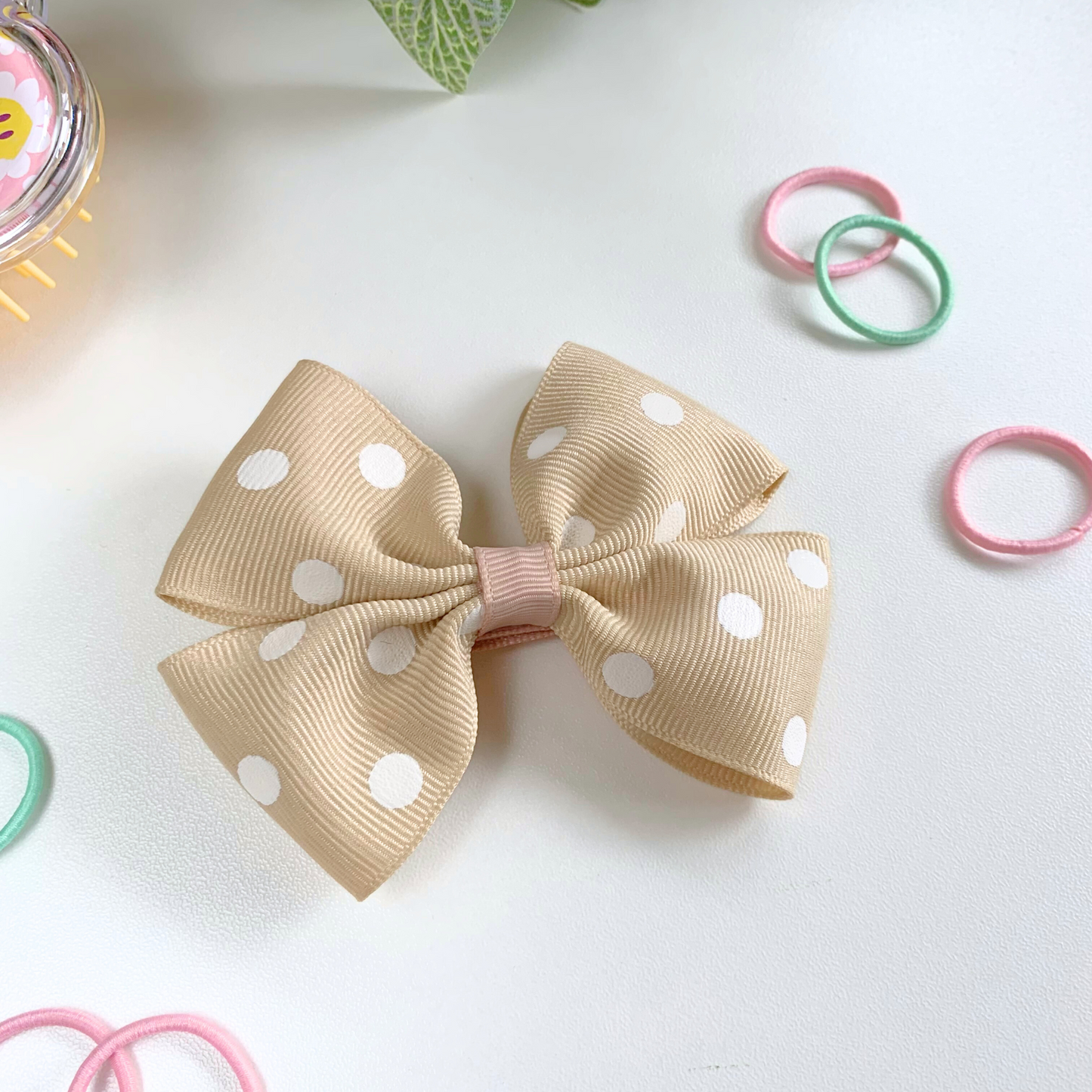 Beige with White Spots Medium Double Bow Hair Clip