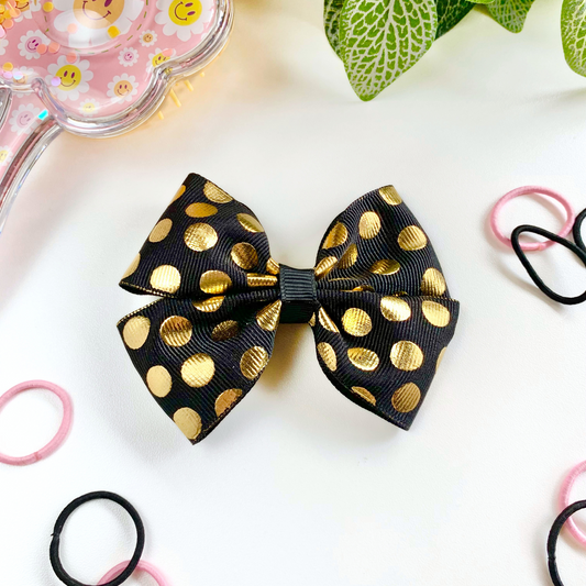 Black with Gold Foil Spots Medium Double Bow Hair Clip