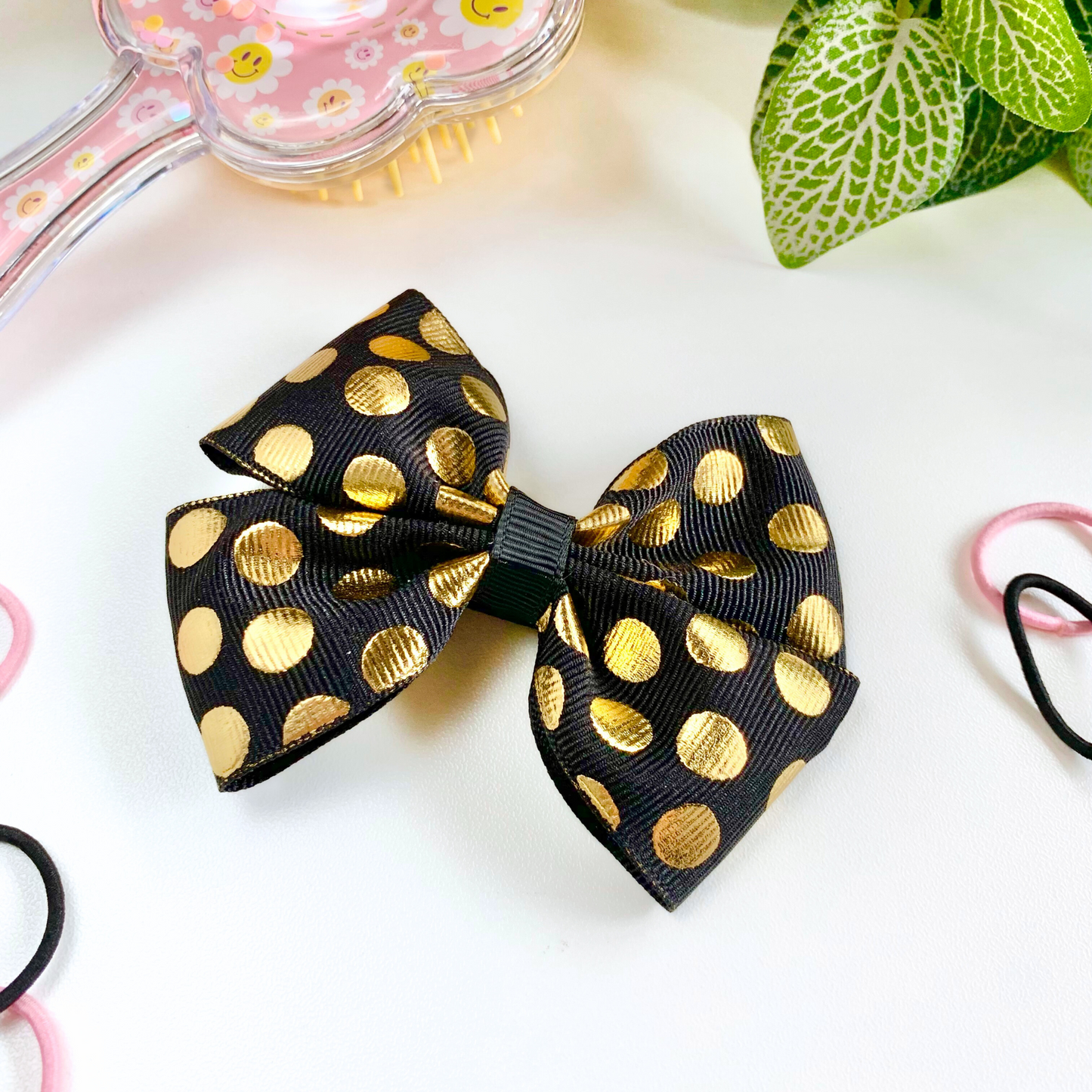 Black with Gold Foil Spots Medium Double Bow Hair Clip