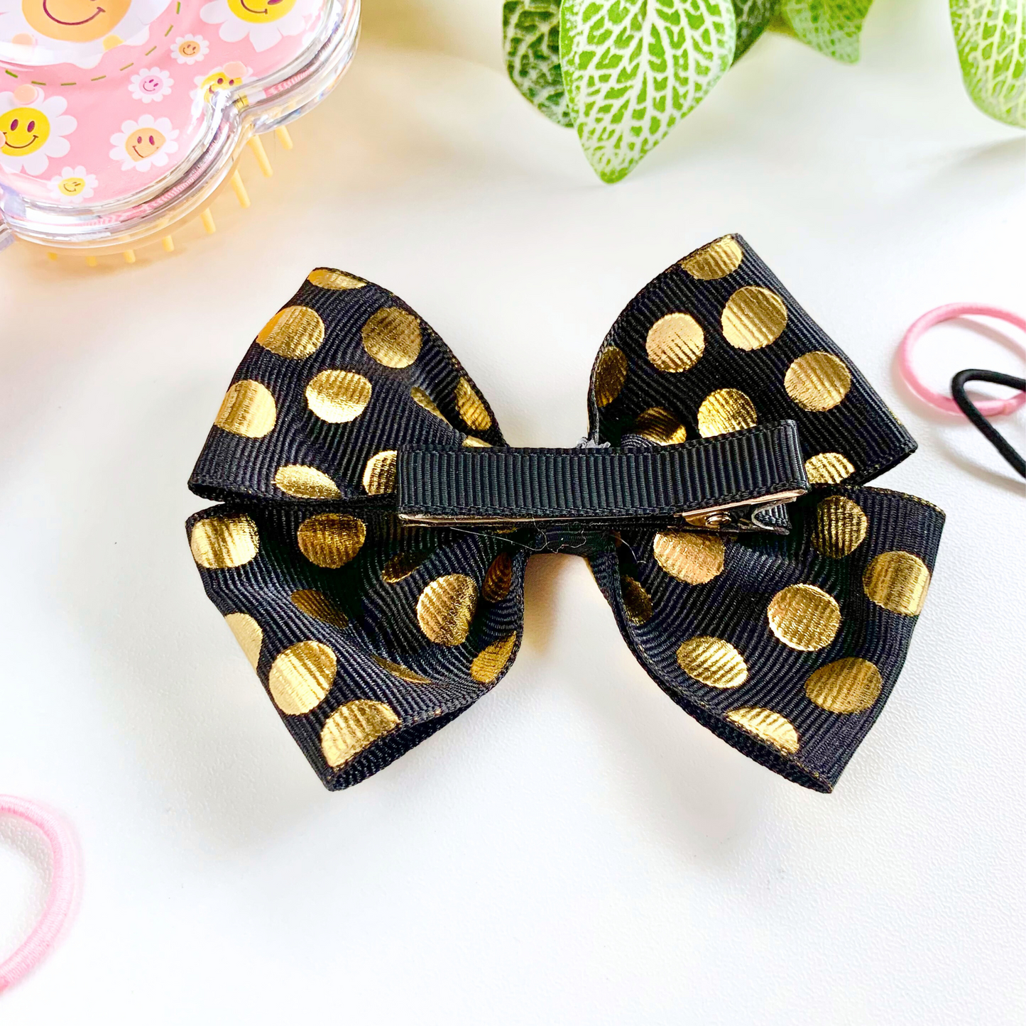 Black with Gold Foil Spots Medium Double Bow Hair Clip