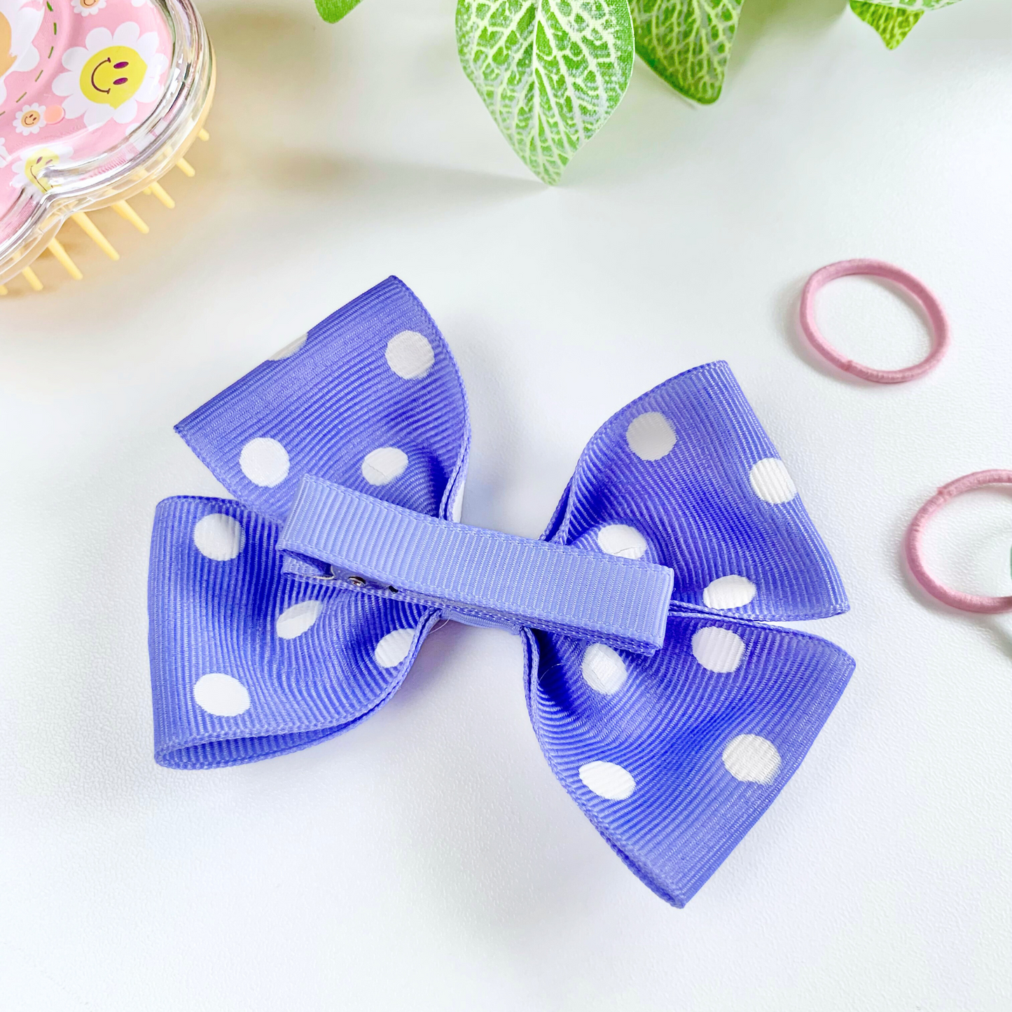 Lavender with White Spots Medium Double Bow Hair Clip