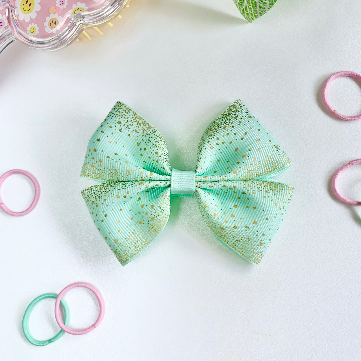 Mint with Gold Foil Medium Double Bow Hair Clip