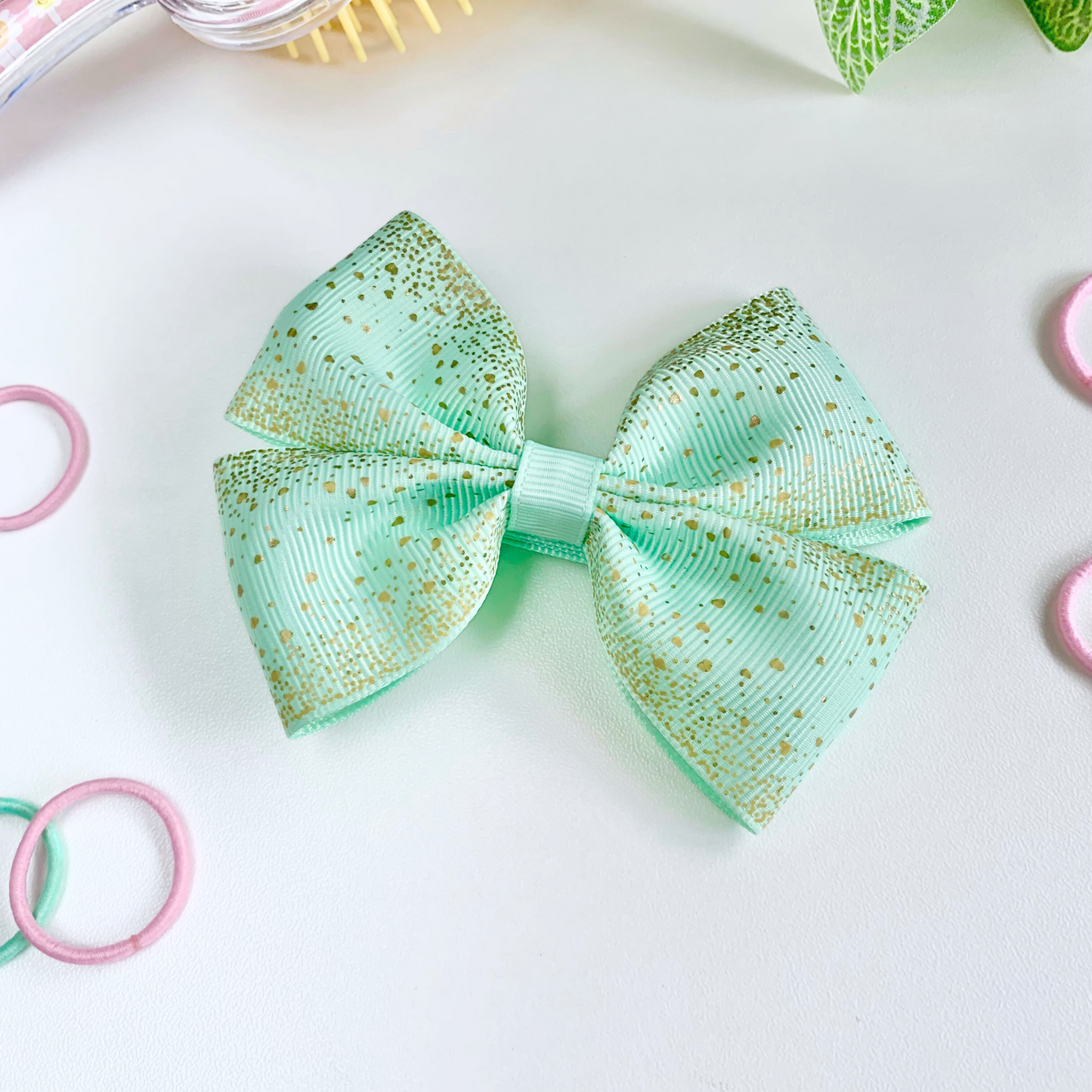 Mint with Gold Foil Medium Double Bow Hair Clip