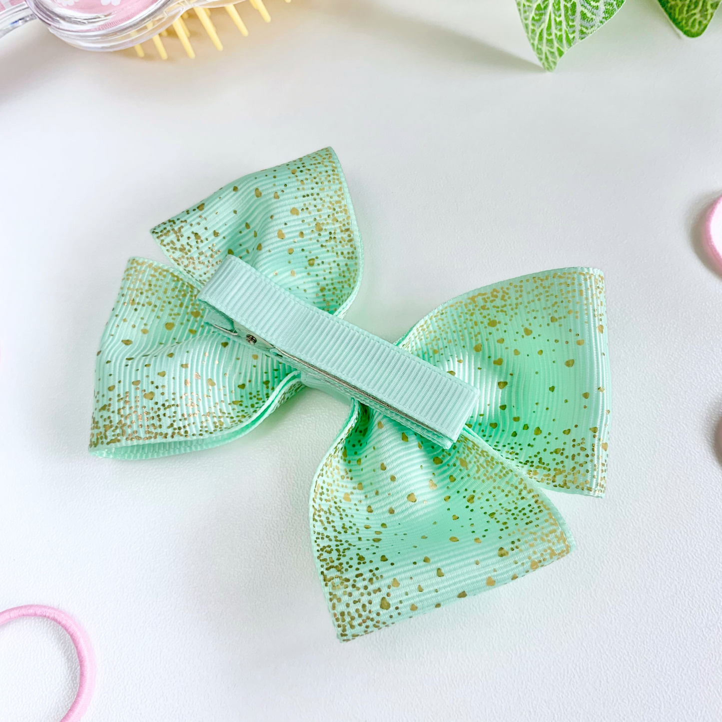 Mint with Gold Foil Medium Double Bow Hair Clip