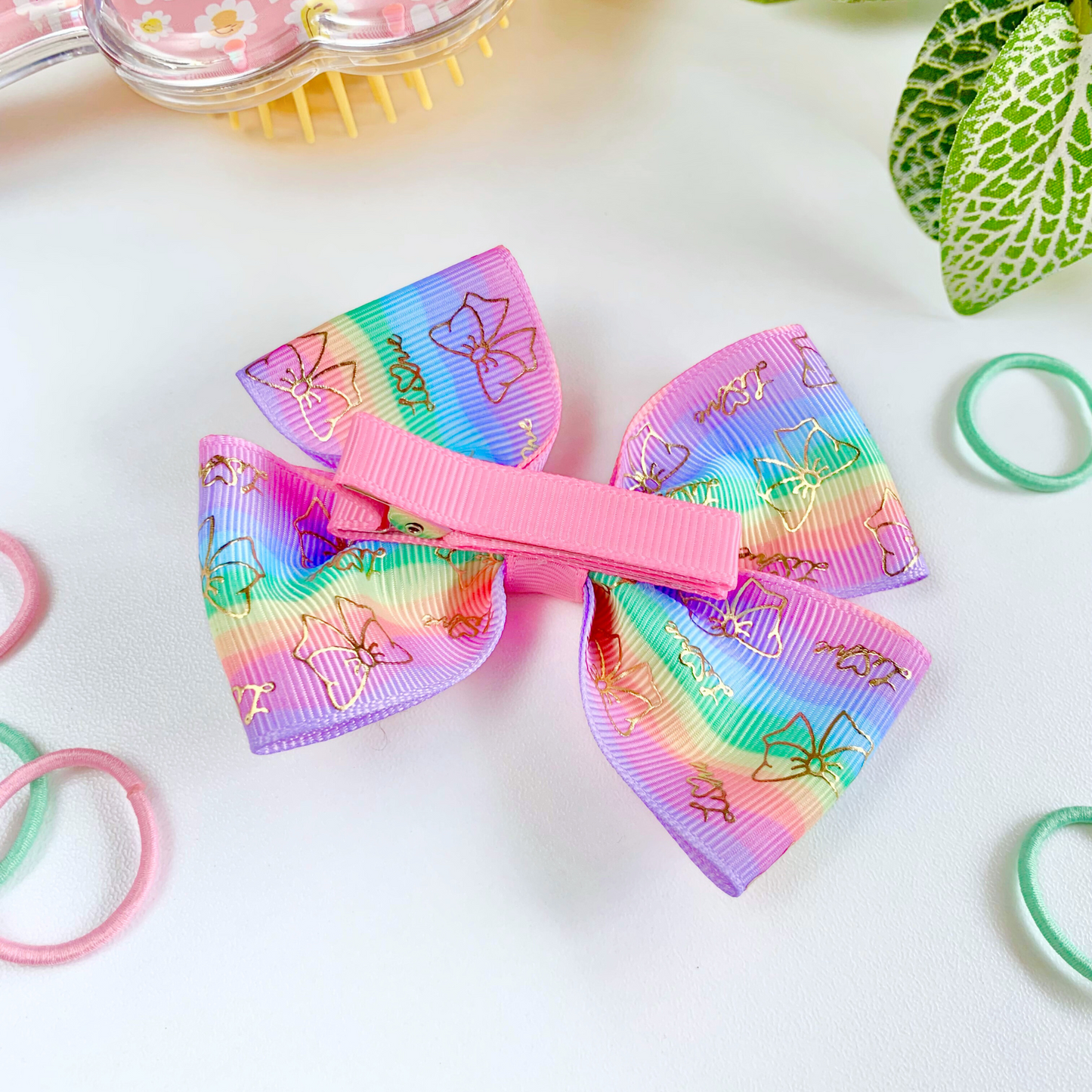 Pastel Stripe with Gold Foil Medium Double Bow Hair Clip