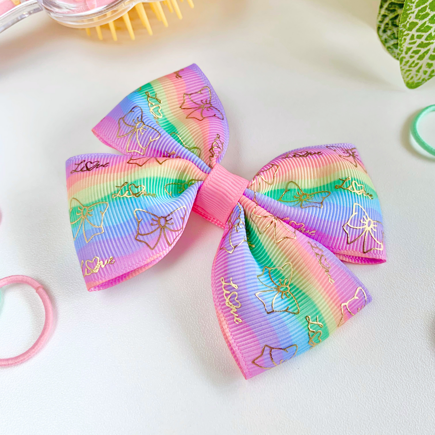 Pastel Stripe with Gold Foil Medium Double Bow Hair Clip