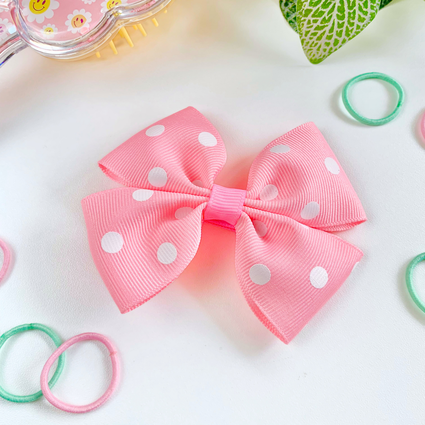 Pink with White Spots Medium Double Bow Hair Clip