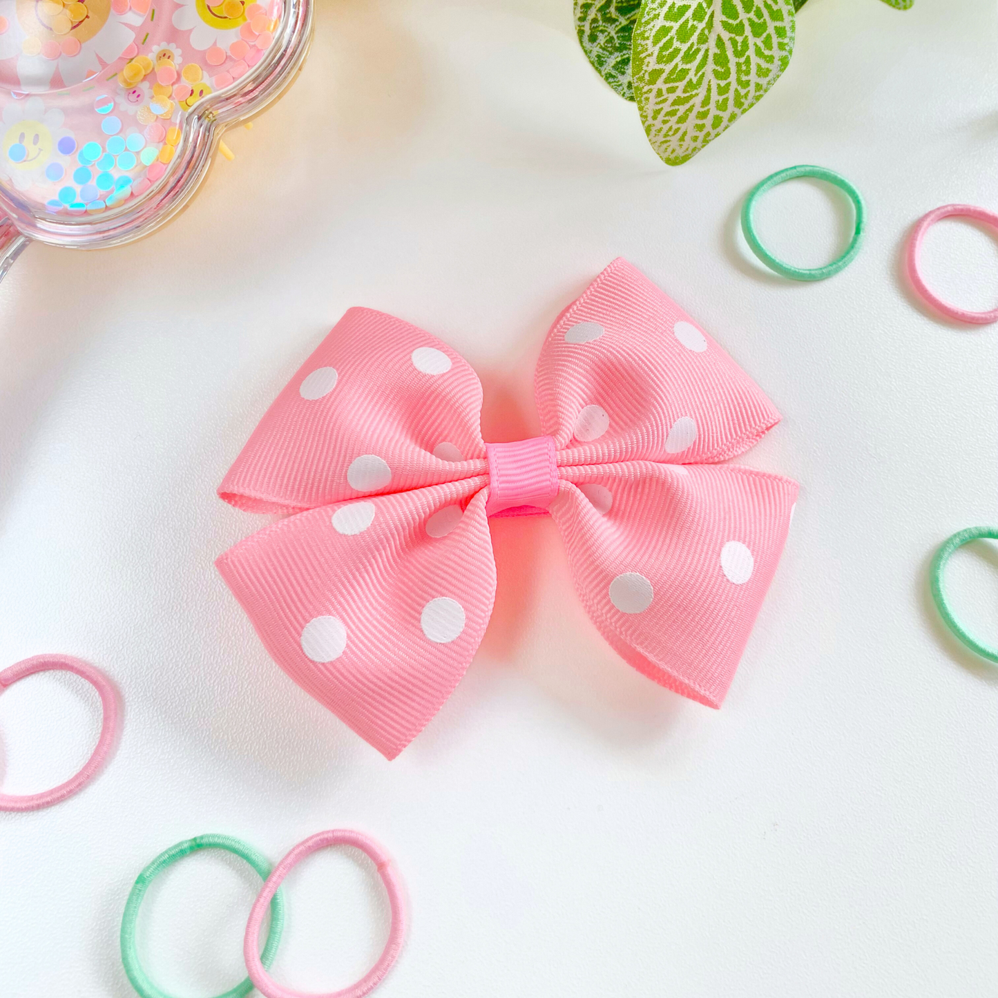 Pink with White Spots Medium Double Bow Hair Clip