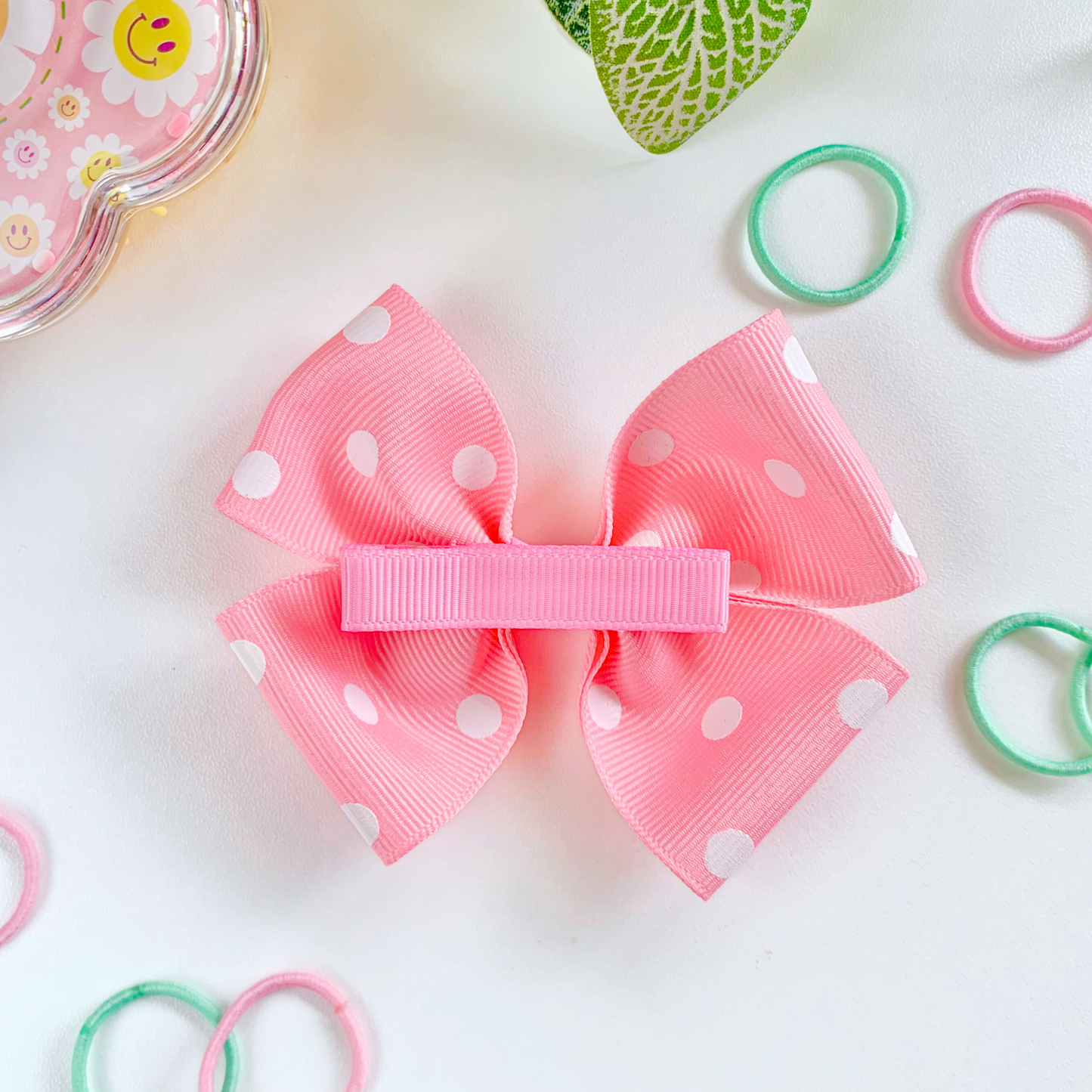 Pink with White Spots Medium Double Bow Hair Clip