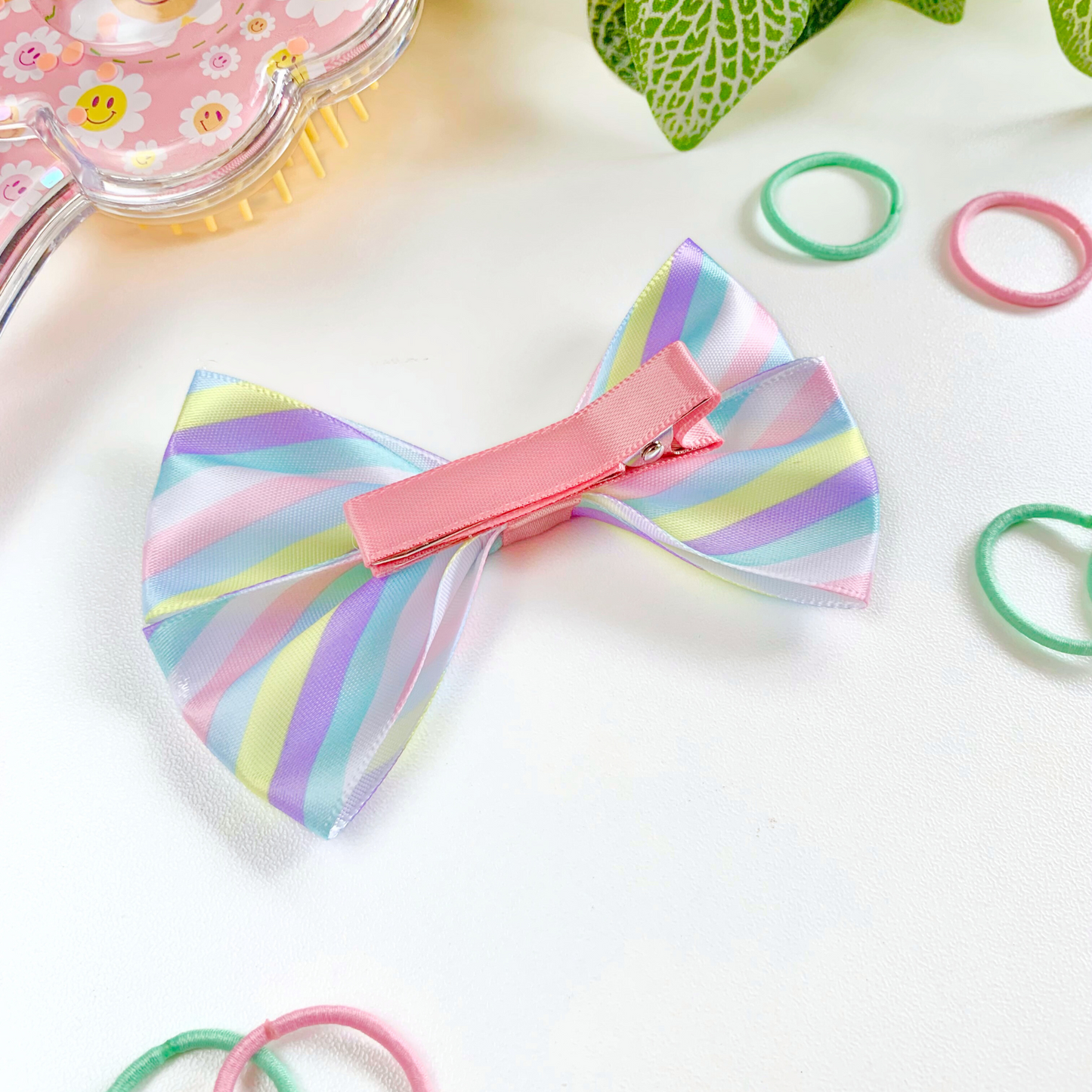 Satin Pastel Stripes Medium Double Bow Hair Clip