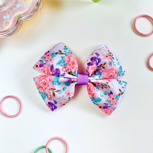 White Floral Medium Double Bow Hair Clip