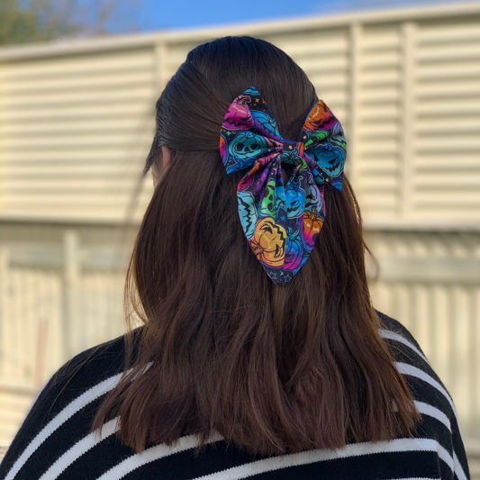 Multicoloured Halloween Pumpkins Bow with Tails Hair Clip