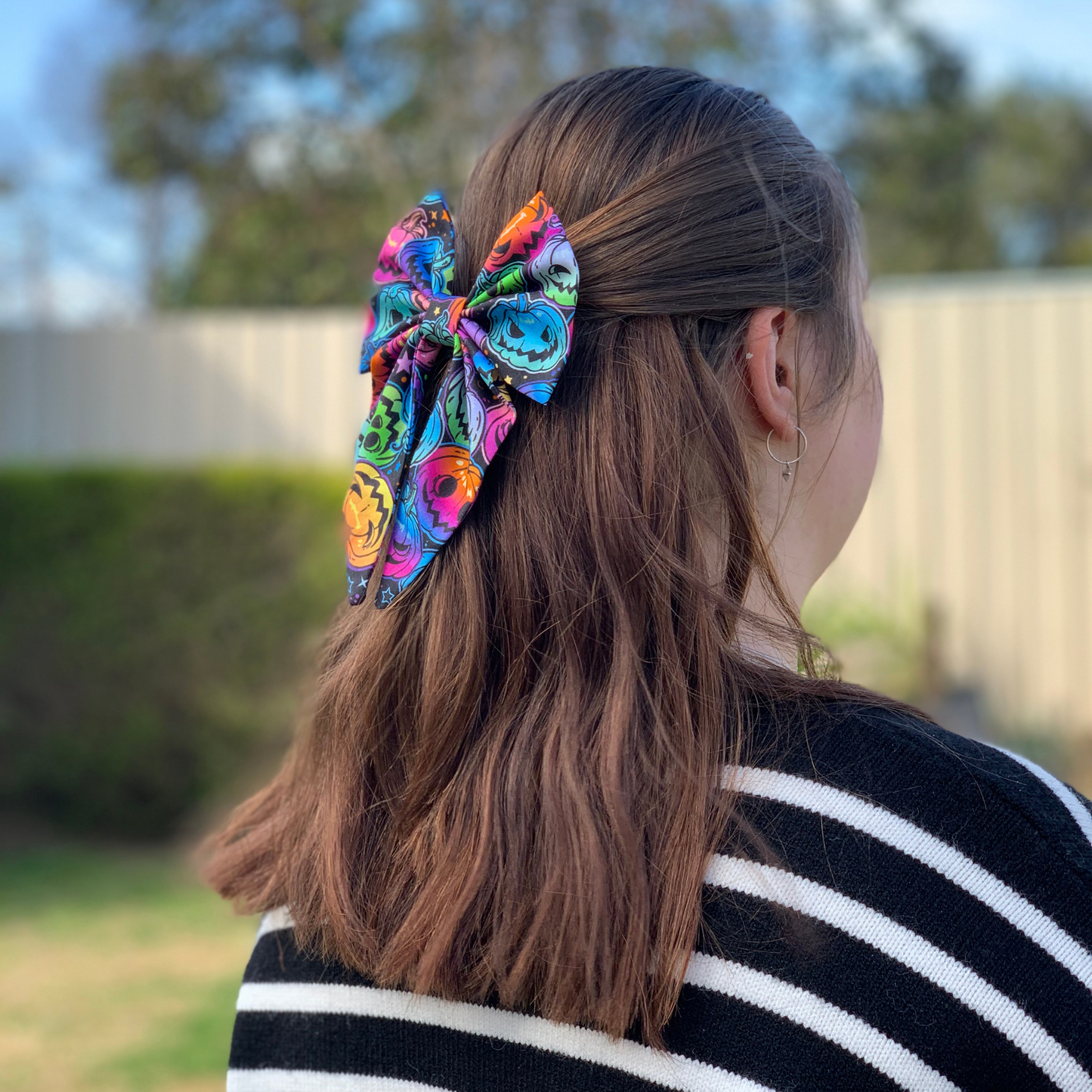 Multicoloured Halloween Pumpkins Bow with Tails Hair Clip