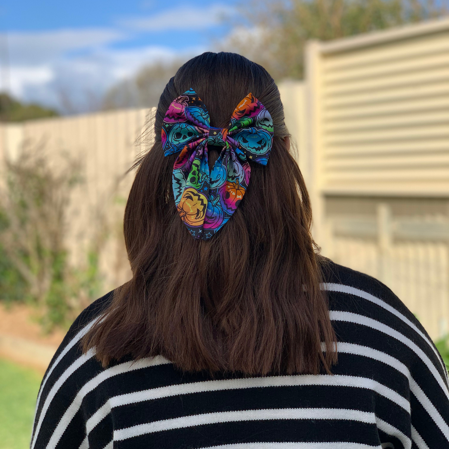 Multicoloured Halloween Pumpkins Bow with Tails Hair Clip