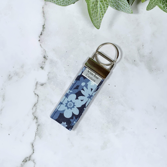 Navy Blue Floral Fabric Keyring