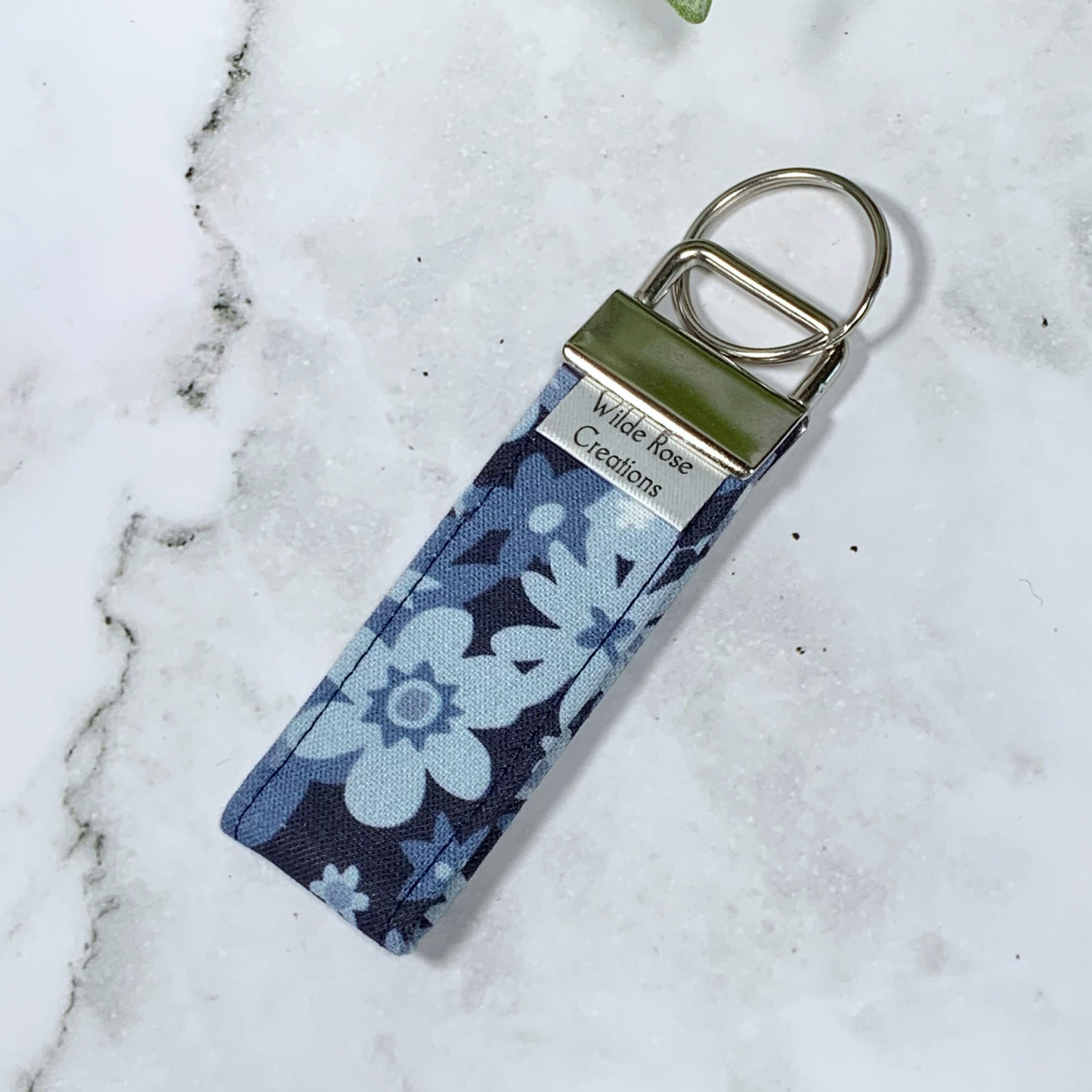 Navy Blue Floral Fabric Keyring