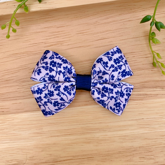 Navy & White Floral Double Bow Hair Clip