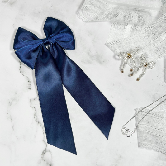 Navy Satin Bow with Tails Hair Clip